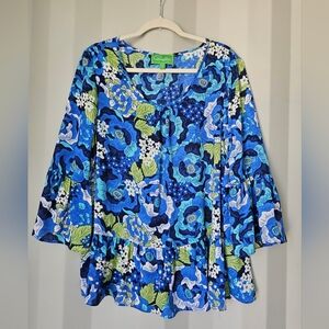 Bright Blue Floral Peplum Tunic with Bell Sleeves By Cappagallo